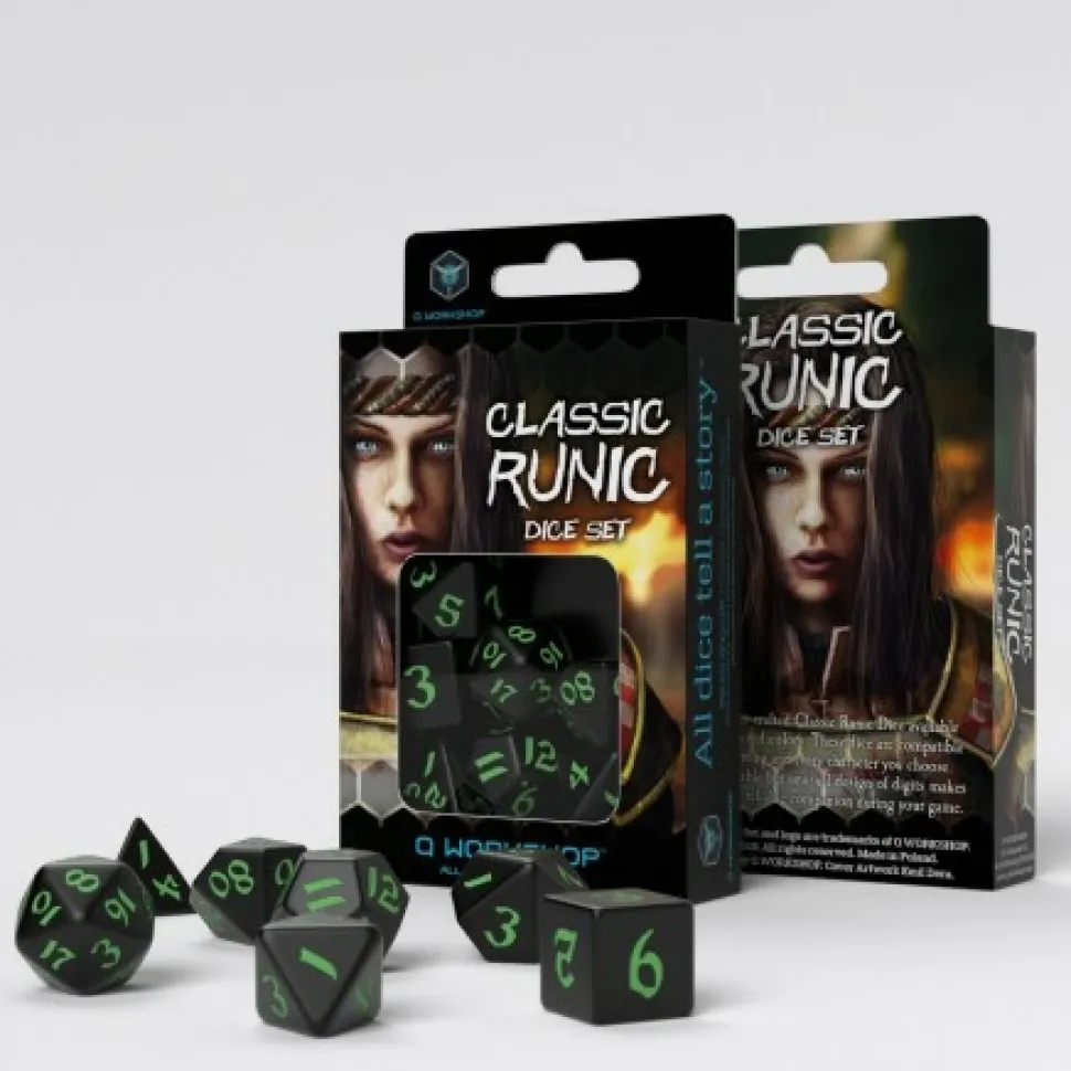 Q Workshop Dobbelstenen>Classic Runic Black & Green Dice Set (7)