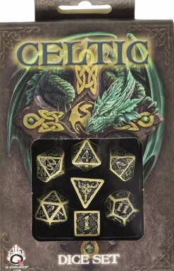Q-Workshop Dobbelstenen>Dice Set Celtic - Revised Beige & Black