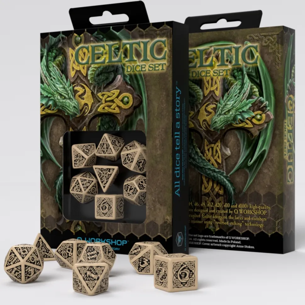 Q-Workshop Dobbelstenen>Dice Set Celtic - Revised Beige & Black