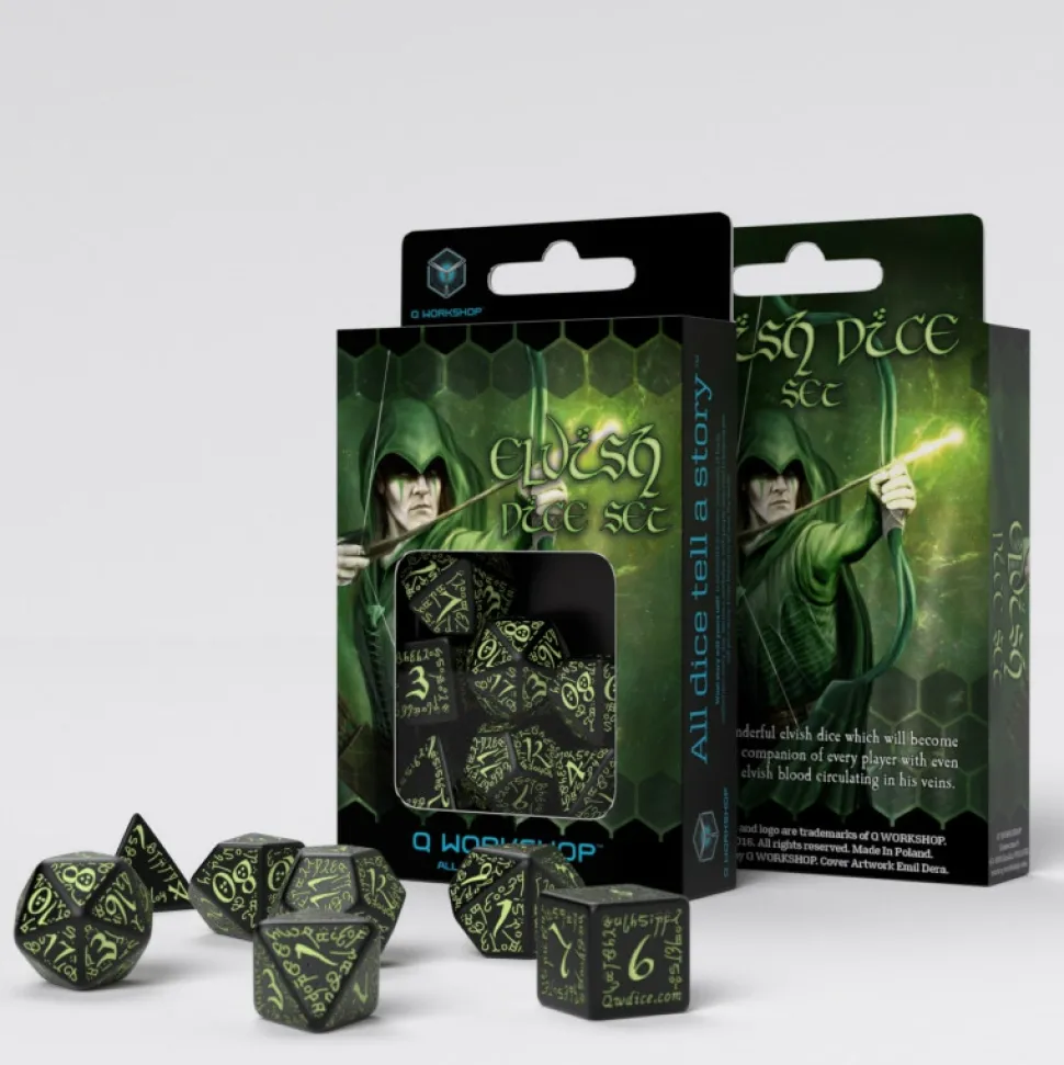 Q Workshop Dobbelstenen>Elvish Black & Glow-In-The-Dark Dice Set (7)