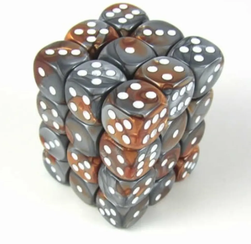 Chessex Gaming Counters>Gemini Copper - Steel/White D6 12Mm Dobbelsteen Set (36 Stuks)