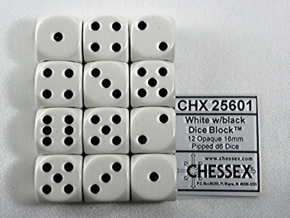 Chessex Dobbelstenen>Opaque White/Black D6 16Mm Dobbelsteen Set (12 Stuks)