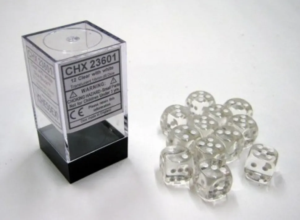 Chessex Bordspel Hoesjes>Translucent Clear/White D6 16Mm Dobbelsteen Set (12 Stuks)