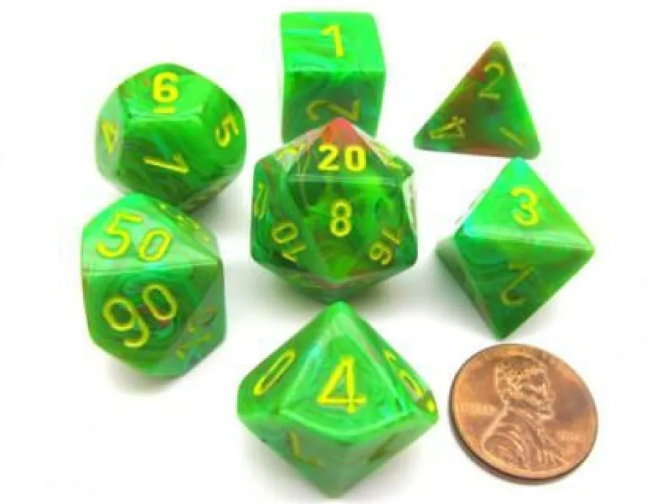 Chessex Dobbelstenen>Vortex Slime/Yellow Polydice Dobbelsteen Set (7 Stuks)